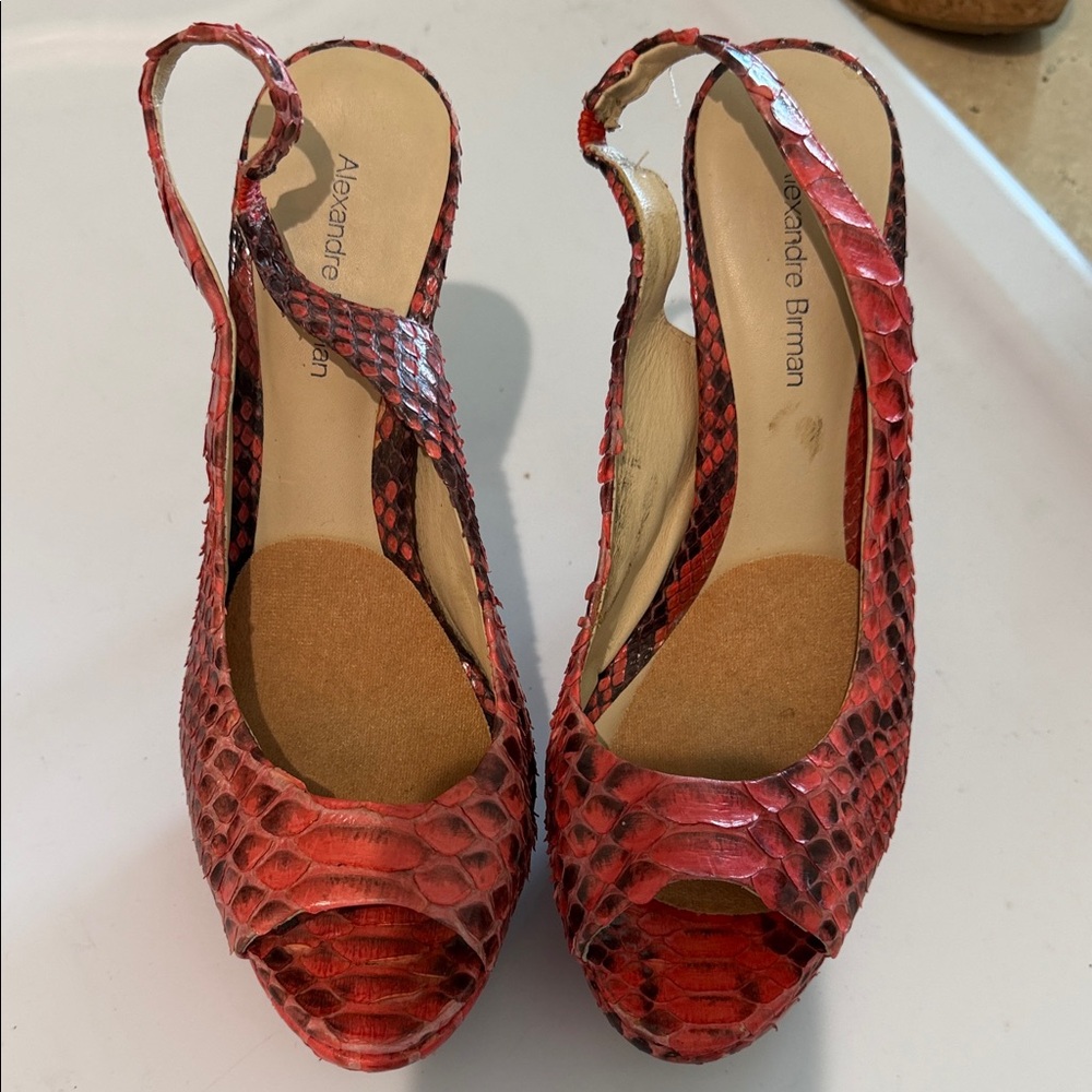 Alexandre Birman Red Snakeskin Peep-Toe Slingback Heels